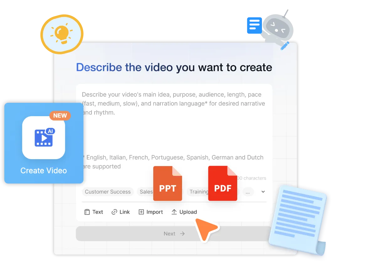 AI video creation tools in Visla’s Education Suite for turning PDFs, PowerPoints, or text into narrated videos